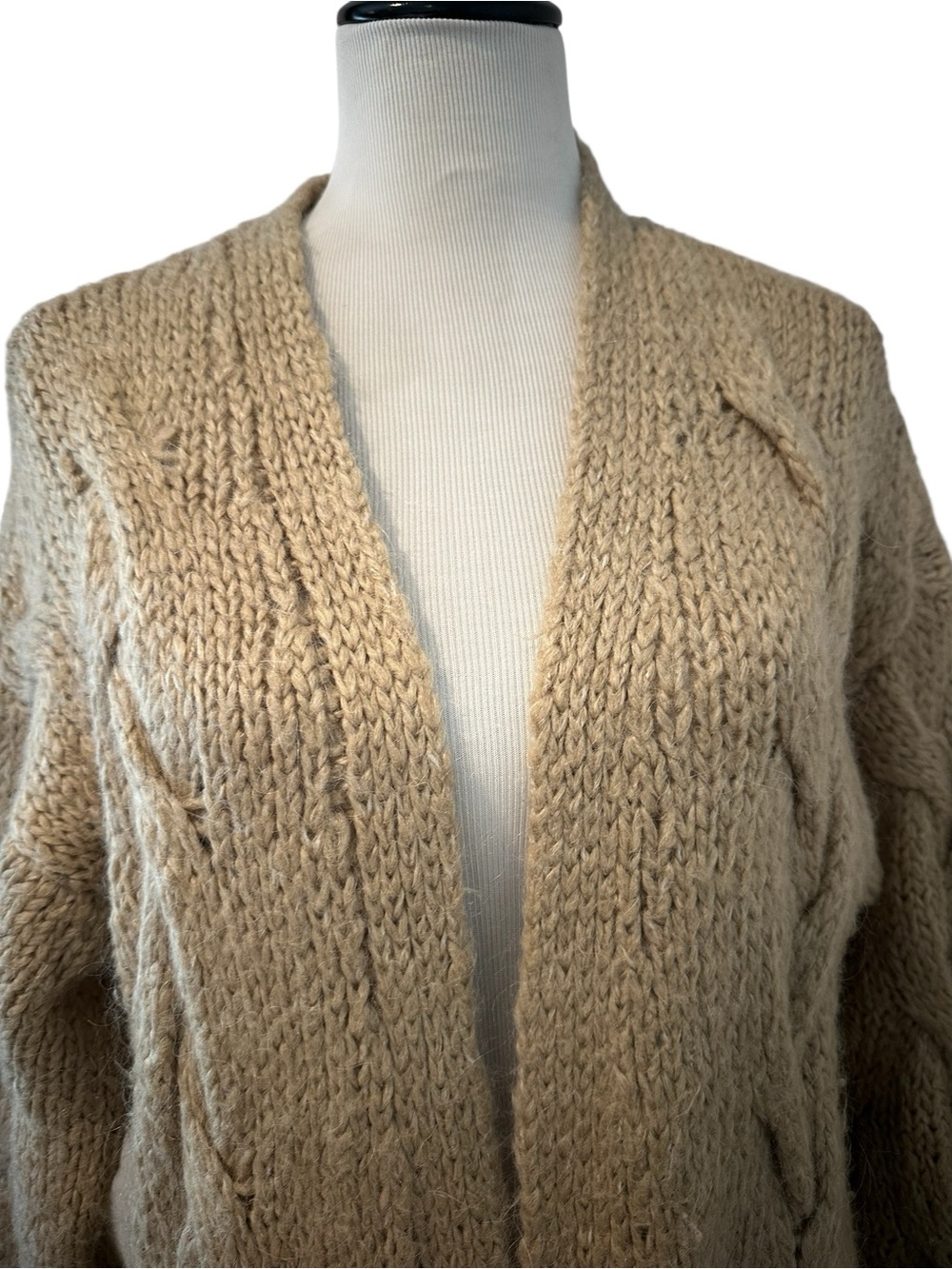 Zara Long Taupe Tan Cable Knit Open Long Line Cardigan with Pockets - Picture 7 of 15